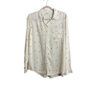 Beachlunchlounge Ladybug Print Button Down Shirt White Red Long Sleeve Large